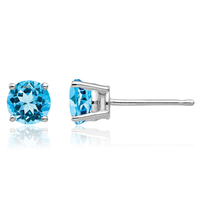 14K Solid White Gold 5mm Swiss Blue Topaz Studs Gemstone Solitaire Earrings December Birthstone Jewelry