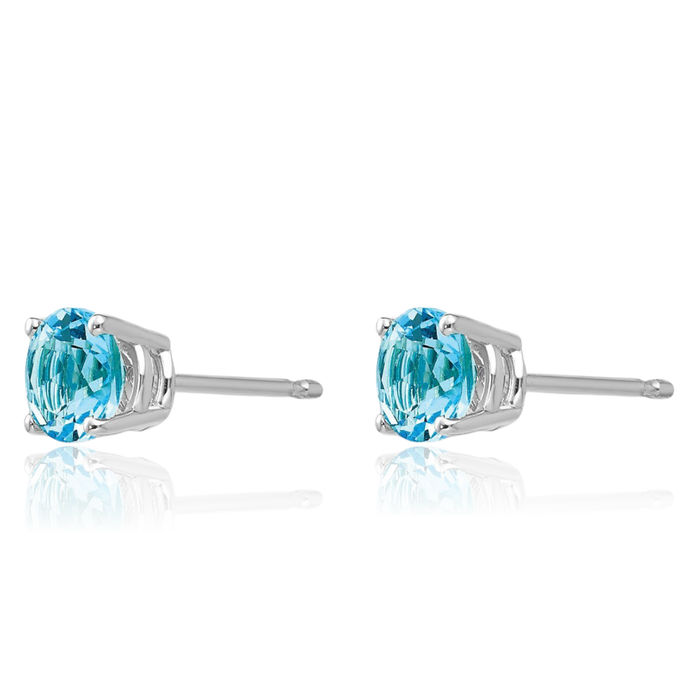 14K Solid White Gold 5mm Swiss Blue Topaz Studs Gemstone Solitaire Earrings December Birthstone Jewelry