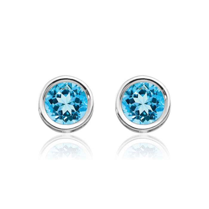 14K Solid White Gold 5mm Swiss Blue Topaz Studs Gemstone Solitaire Earrings December Birthstone Jewelry