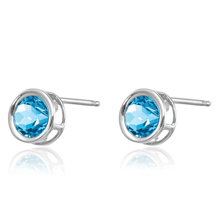 14K Solid White Gold 5mm Swiss Blue Topaz Studs Gemstone Solitaire Earrings December Birthstone Jewelry