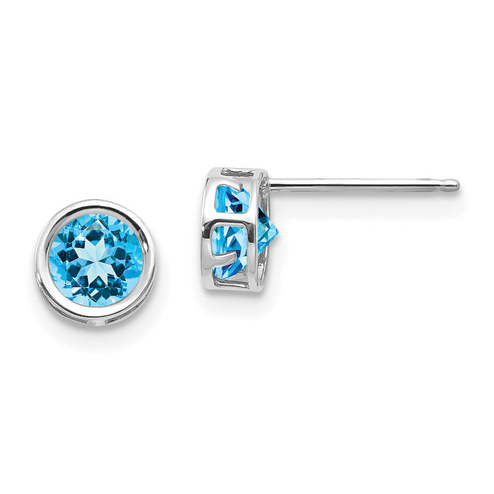 14K Solid White Gold 5mm Swiss Blue Topaz Studs Gemstone Solitaire Earrings December Birthstone Jewelry