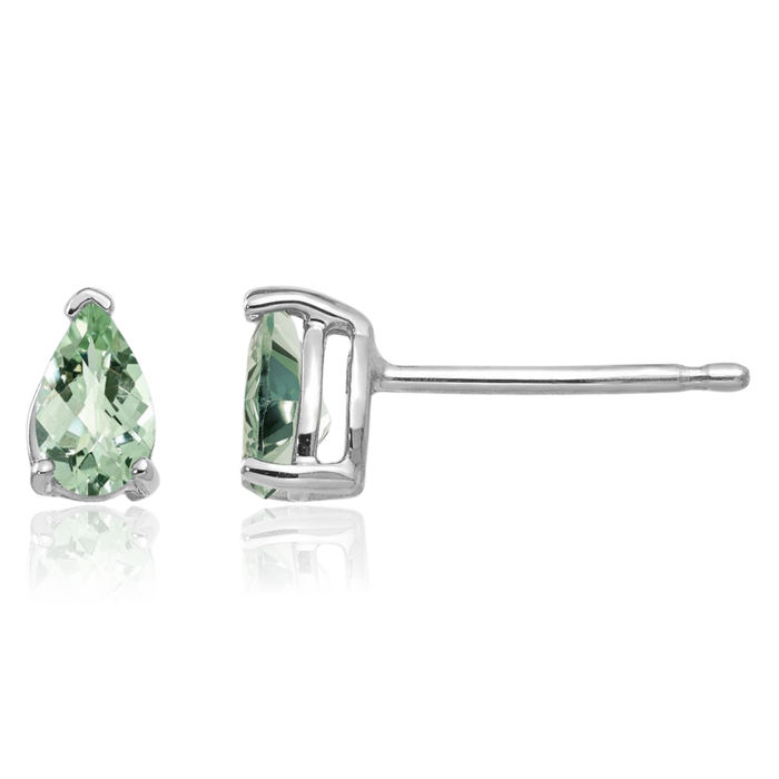 14K Solid White Gold 5x3 Checker Cut Green Quartz Studs Pear Teardrop Gemstone Solitaire Earrings August Birthstone Jewelry