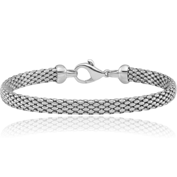 14K Solid White Gold 6.2mm Popcorn Mesh Chain Bracelet