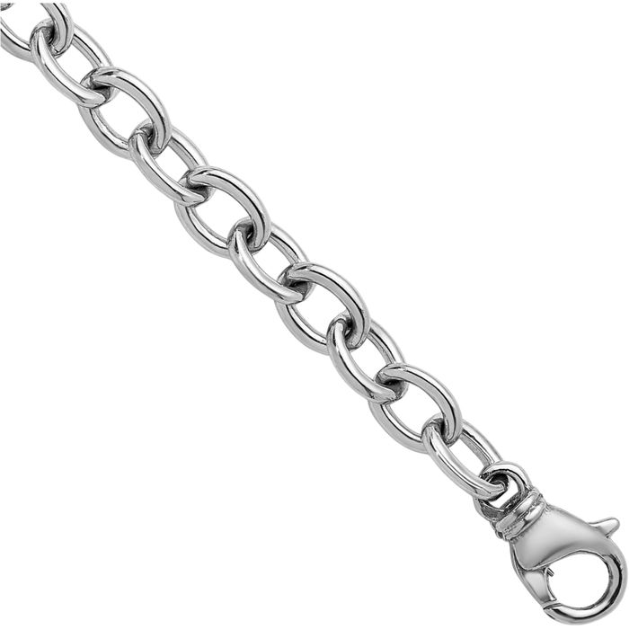 14K Solid White Gold 6.5mm Oval Cable Rolo Link Chain Bracelet