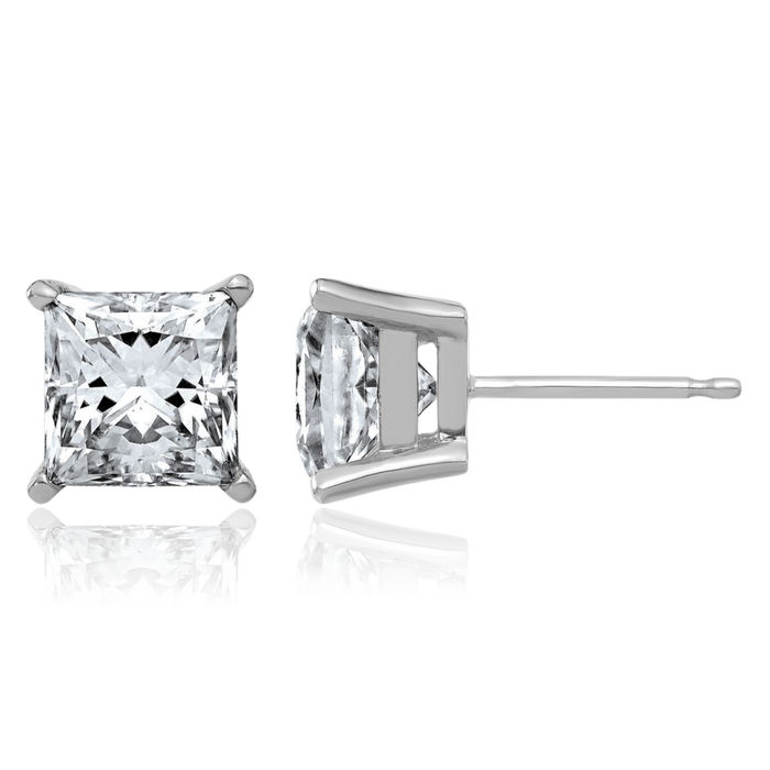 14K Solid White Gold 6.5mm Princess-Cut Square Solitaire Moissanite Stud Earrings