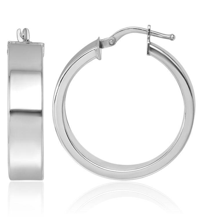 14K Solid White Gold 6.5x26mm Tube Round Medium Hoop Earrings