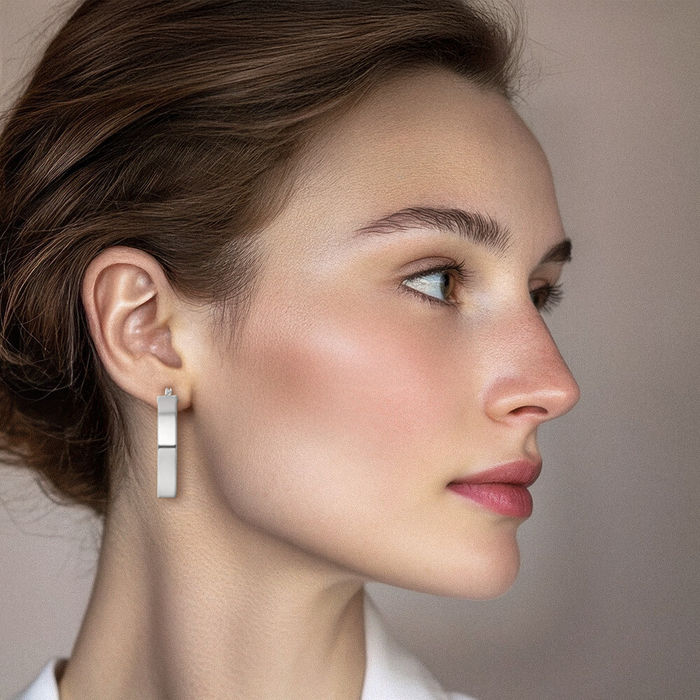 14K Solid White Gold 6.5x34mm Tube Round Medium Hoop Earrings