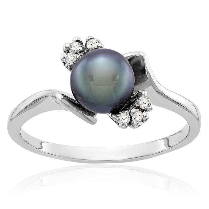 14K Solid White Gold 6mm Black Freshwater Cultured Pearl Diamond Ring