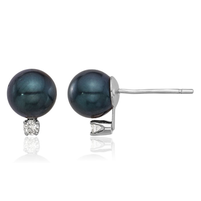 14K Solid White Gold 6mm Black Round Akoya Saltwater Cultured Pearl Diamond Stud Earrings