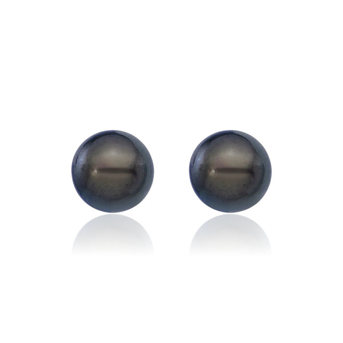 14K Solid White Gold 6mm Black Round Akoya Saltwater Cultured Pearl Stud Earrings