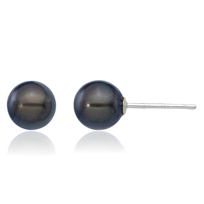 14K Solid White Gold 6mm Black Round Akoya Saltwater Cultured Pearl Stud Earrings