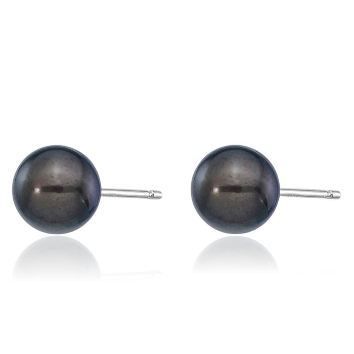 14K Solid White Gold 6mm Black Round Akoya Saltwater Cultured Pearl Stud Earrings