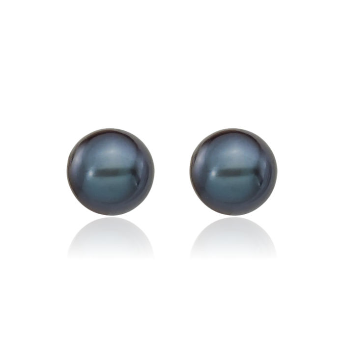 14K Solid White Gold 6mm Black Round Freshwater Cultured Pearl Stud Earrings