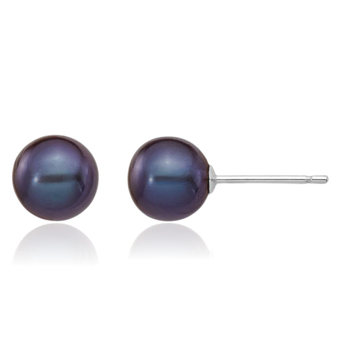 14K Solid White Gold 6mm Black Round Freshwater Cultured Pearl Stud Earrings