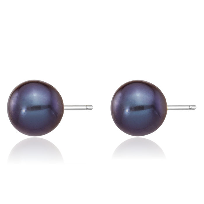 14K Solid White Gold 6mm Black Round Freshwater Cultured Pearl Stud Earrings