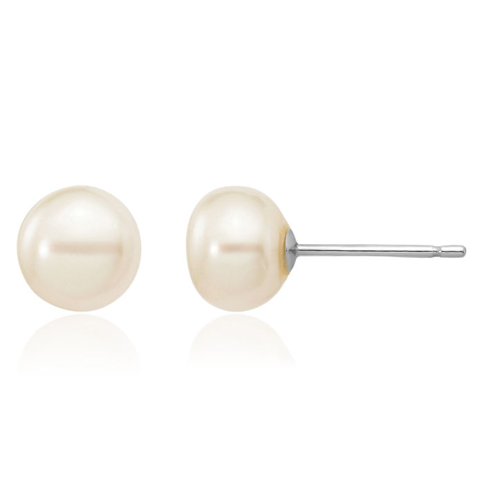 14K Solid White Gold 6mm Button Freshwater Cultured Pearl Stud Earrings