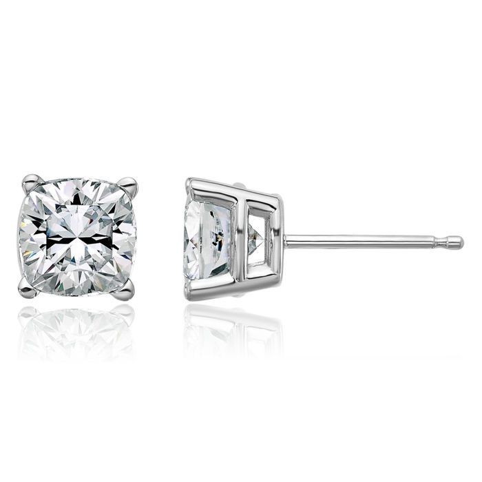 14K Solid White Gold 6mm Cushion-Cut Solitaire Moissanite Stud Earrings