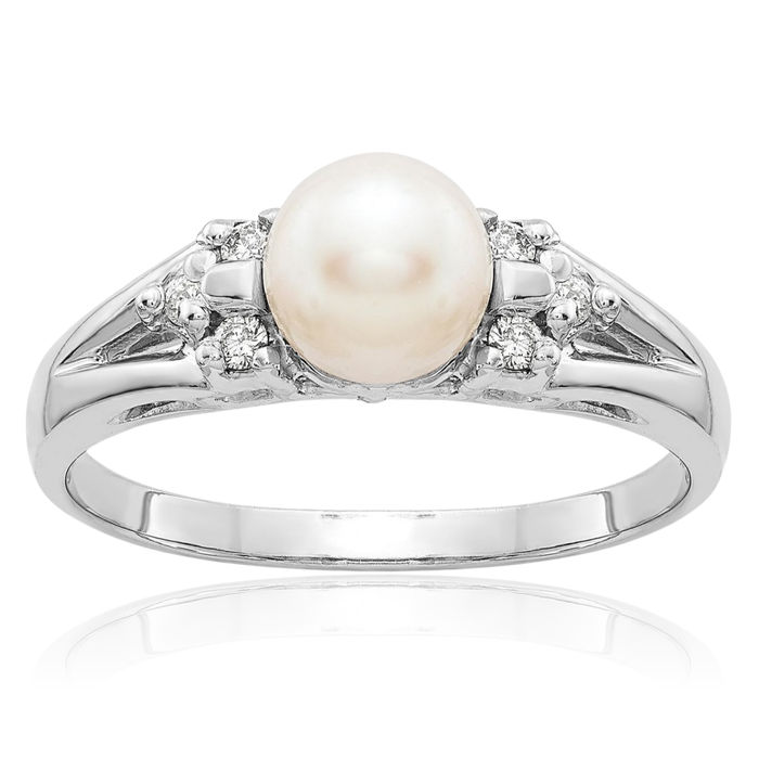 14K Solid White Gold 6mm Freshwater Cultured Pearl Diamond Ring