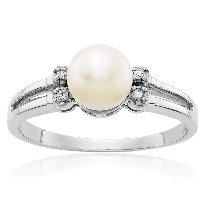 14K Solid White Gold 6mm Freshwater Cultured Pearl Diamond Ring