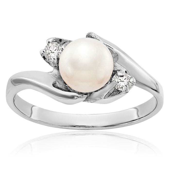 14K Solid White Gold 6mm Freshwater Cultured Pearl Diamond Ring