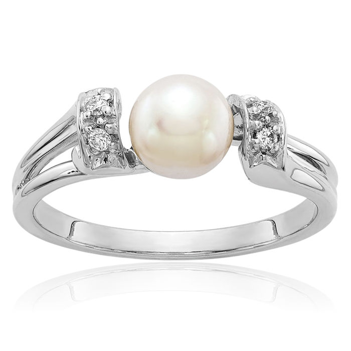 14K Solid White Gold 6mm Freshwater Cultured Pearl Diamond Ring