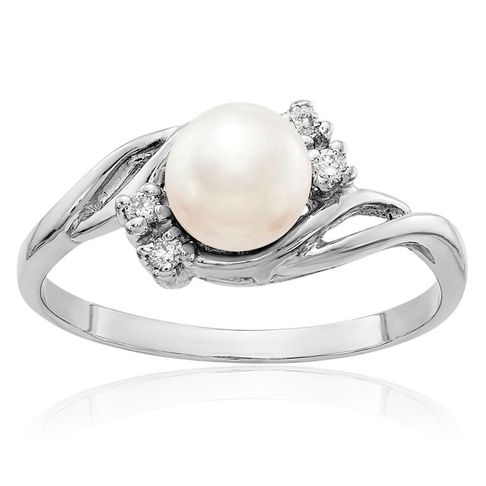 14K Solid White Gold 6mm Freshwater Cultured Pearl Diamond Ring