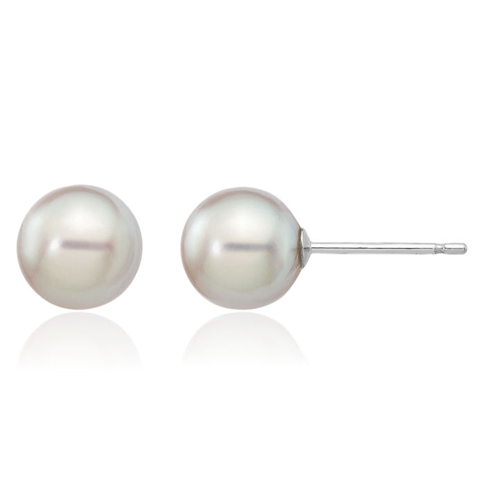 14K Solid White Gold 6mm Grey Round Akoya Saltwater Cultured Pearl Stud Earrings