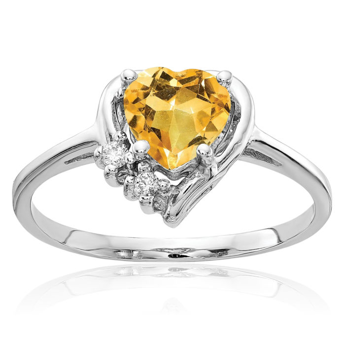 14K Solid White Gold 6mm Heart Yellow Orange Citrine Diamond Ring Gemstone Band November Birthstone Jewelry