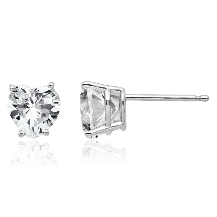 14K Solid White Gold 6mm Heart Cubic Zirconia CZ Studs Gemstone Earrings April Birthstone Jewelry