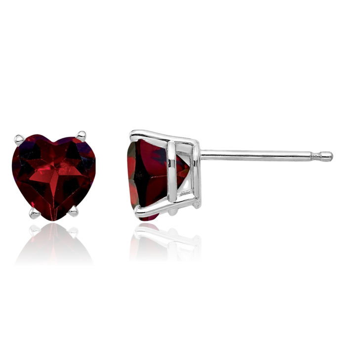 14K Solid White Gold 6mm Heart Red Garnet Studs Gemstone Earrings January Birthstone Jewelry