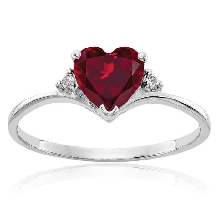 14K Solid White Gold 6mm Heart Lab Red Ruby Diamond Ring July Birthstone Jewelry