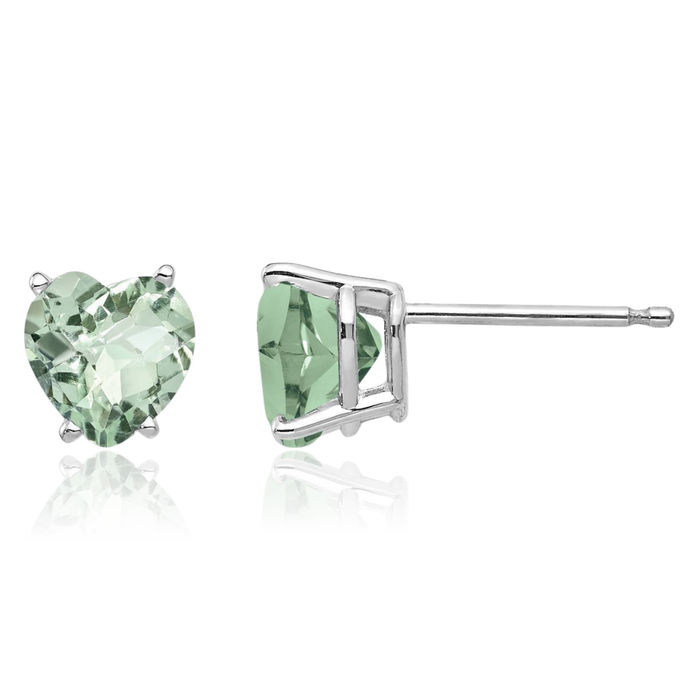 14K Solid White Gold 6mm Heart Checker Cut Green Quartz Studs Gemstone Earrings August Birthstone Jewelry