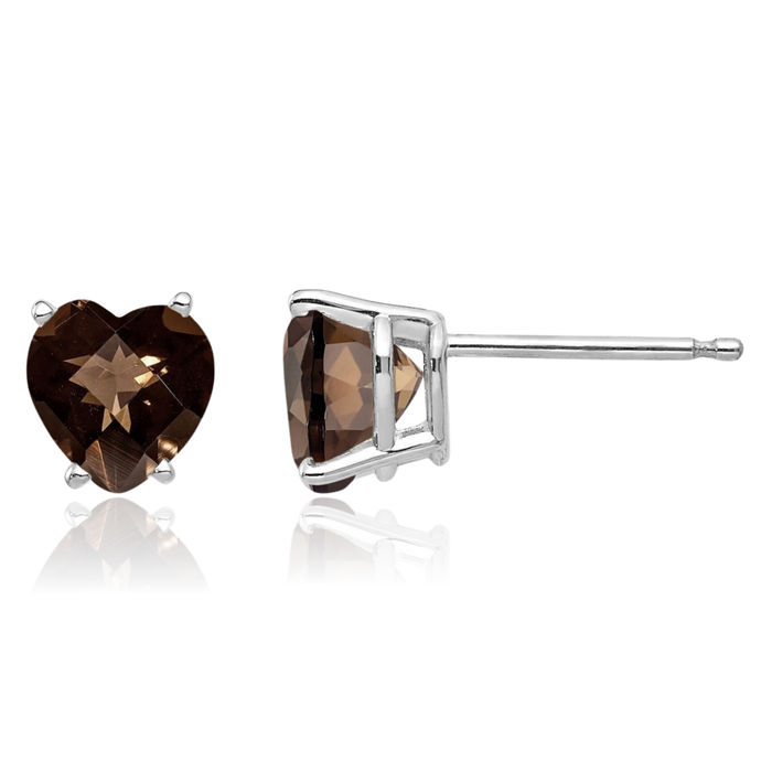 14K Solid White Gold 6mm Heart Checker Cut Brown Smoky Quartz Studs Gemstone Earrings June Birthstone Jewelry