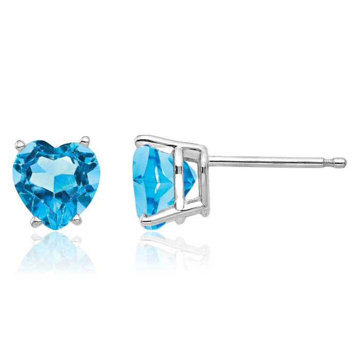 14K Solid White Gold 6mm Heart Swiss Blue Topaz Studs Gemstone Earrings December Birthstone Jewelry