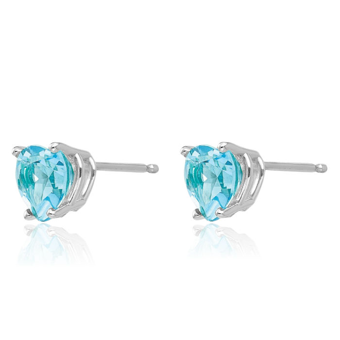 14K Solid White Gold 6mm Heart Swiss Blue Topaz Studs Gemstone Earrings December Birthstone Jewelry