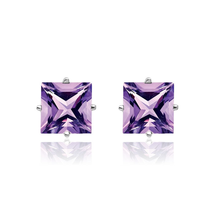 14K Solid White Gold 6mm Princess-Cut Square Purple Amethyst Studs Gemstone Solitaire Earrings February Birthstone Jewelry