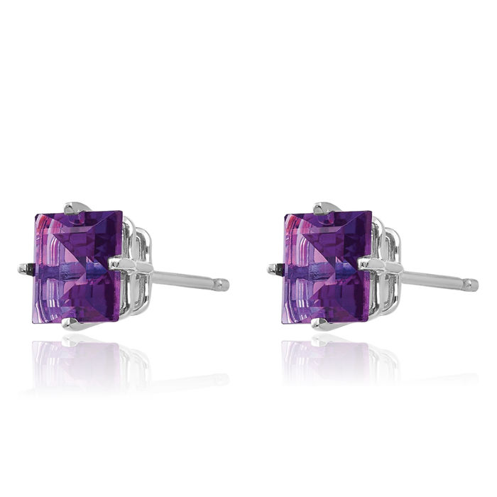 14K Solid White Gold 6mm Princess-Cut Square Purple Amethyst Studs Gemstone Solitaire Earrings February Birthstone Jewelry