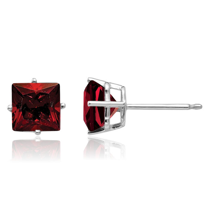 14K Solid White Gold 6mm Princess-Cut Square Red Garnet Studs Gemstone Solitaire Earrings January Birthstone Jewelry