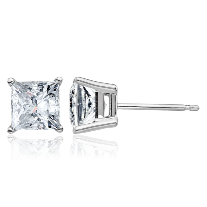 14K Solid White Gold 6mm Princess-Cut Square Solitaire Moissanite Stud Earrings