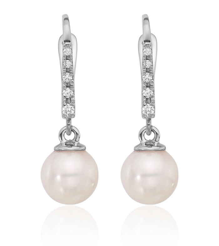 14K Solid White Gold 6mm Round Akoya Saltwater Cultured Pearl .085 Diamond Drop Dangle Earrings