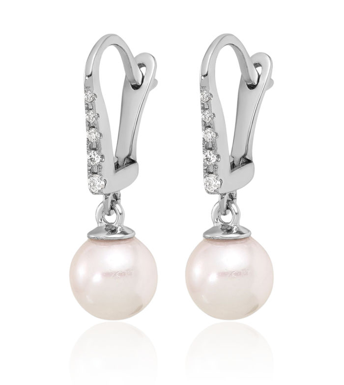 14K Solid White Gold 6mm Round Akoya Saltwater Cultured Pearl .085 Diamond Drop Dangle Earrings