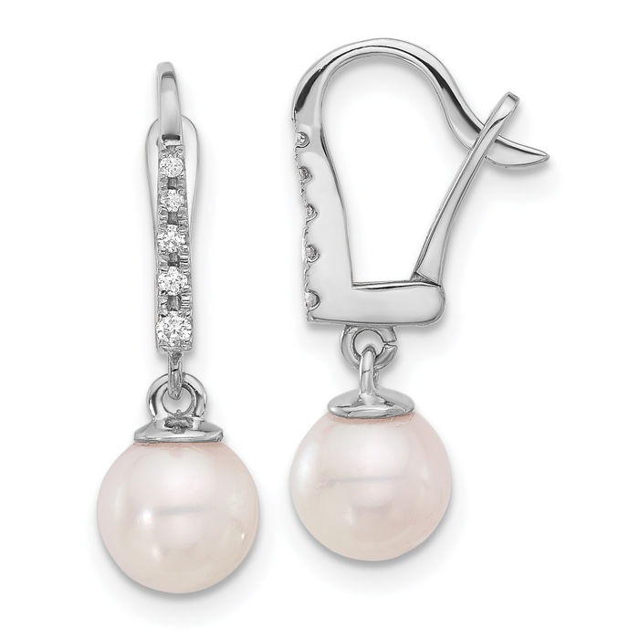 14K Solid White Gold 6mm Round Akoya Saltwater Cultured Pearl .085 Diamond Drop Dangle Earrings