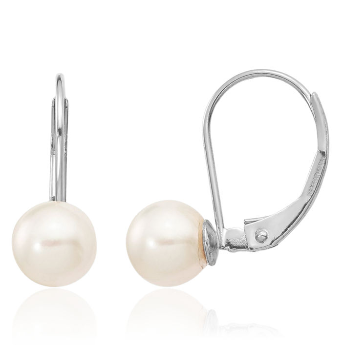 14K Solid White Gold 6mm Round Akoya Saltwater Cultured Pearl Drop Dangle Earrings