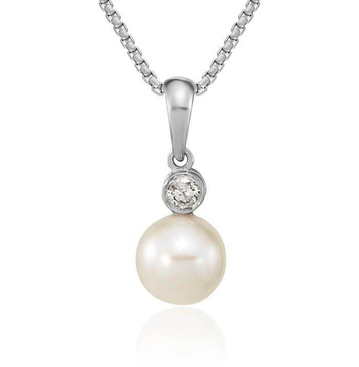 14K Solid White Gold 6mm Round Akoya Saltwater Cultured Pearl Diamond Necklace Chain Pendant Charm