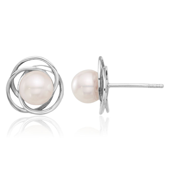 14K Solid White Gold 6mm Round Akoya Saltwater Cultured Pearl Stud Earrings