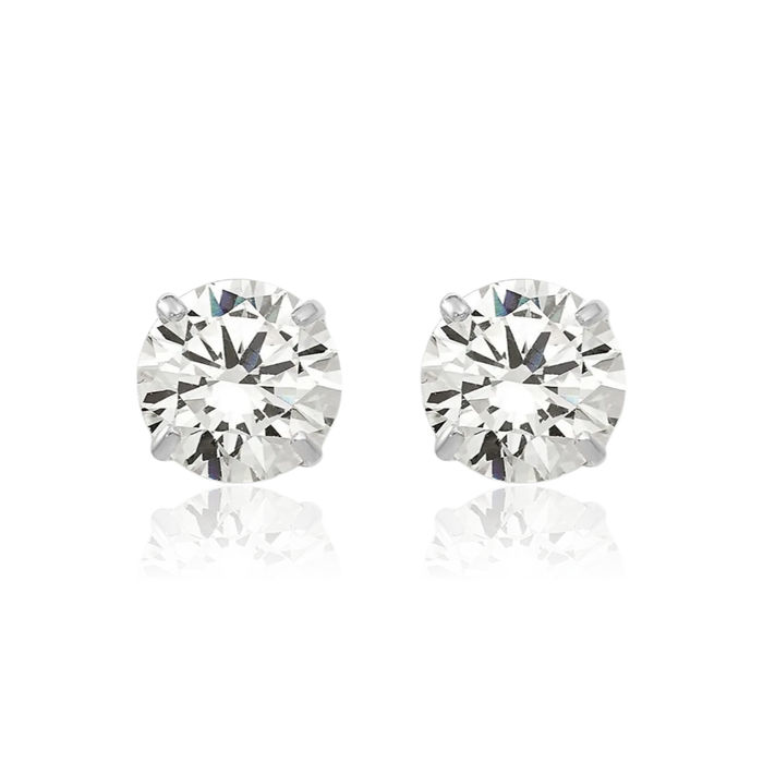 14K Solid White Gold 6mm Round Cubic Zirconia CZ Stud Earrings