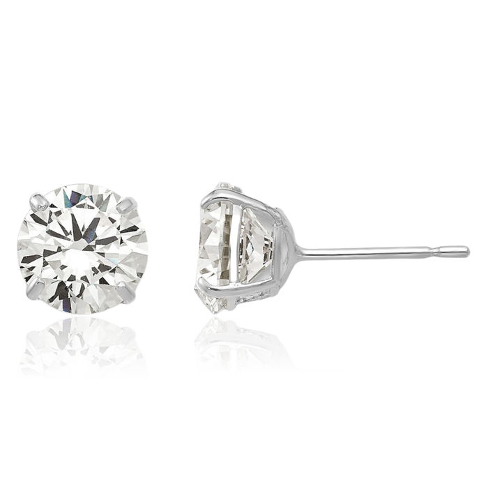 14K Solid White Gold 6mm Round Cubic Zirconia CZ Stud Earrings