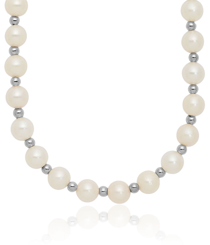 14K Solid White Gold 6mm Near Round Freshwater Cultured Pearl Beaded Necklace Chain