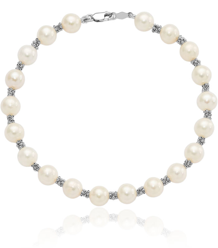 14K Solid White Gold 6mm Round Freshwater Cultured Pearl Chain Bracelet