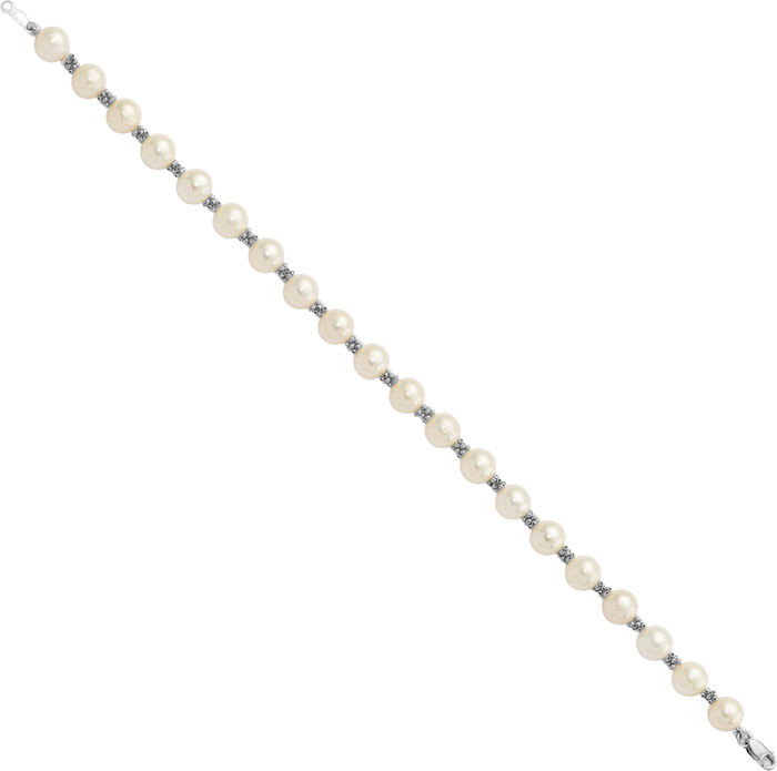 14K Solid White Gold 6mm Round Freshwater Cultured Pearl Chain Bracelet